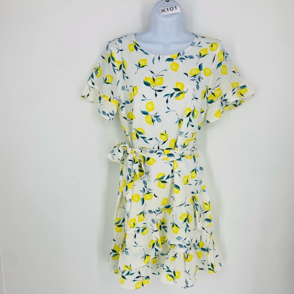 Banana Republic Lemon Print Frill Fit-and-Flare Ruffle Dress Size 4 Tie Waist